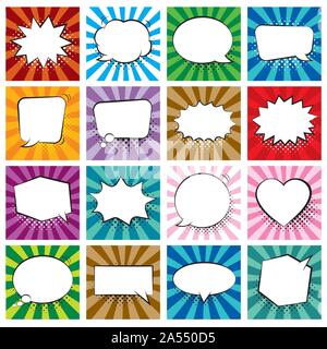 Set of comic speech bubbles on colorful background and halftone shadows. Stock Vector