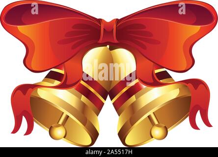 Illustration of shiny golden Christmas bell decorated with red bow. Stock Vector