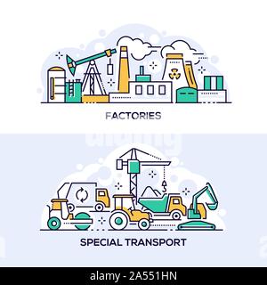 Factories and special transport linear banner template Stock Vector