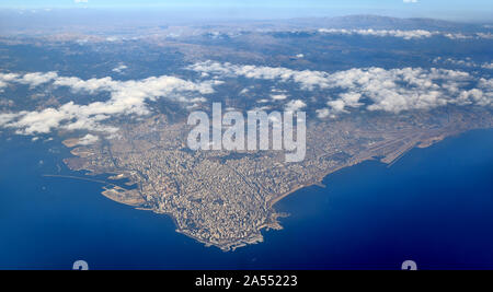 Aerial view of the Lebanese coastline at the city of Beirut, with Mt Lebanon in the background. Stock Photo