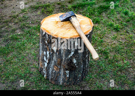 Axe and log in the counry house. axe lies on a log. Timber harvesting. deforestation. Stock Photo