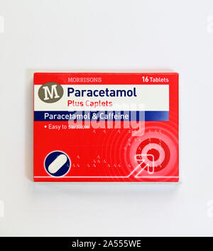 Pack of Morrison's Paracetamol Plus Caplets. Paracetamol & Caffeine. Easy to swallow. 16 Tablets. Stock Photo