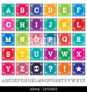 Papel Picado alphabet letters template vector set - Mexican paper design perfect party decoration Stock Vector