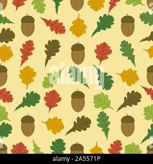 A seamless pattern with oak leaves and acorns Autumn oak leaves with acorns on the branches. Seamless vector pattern design for seasons greeting Stock Vector