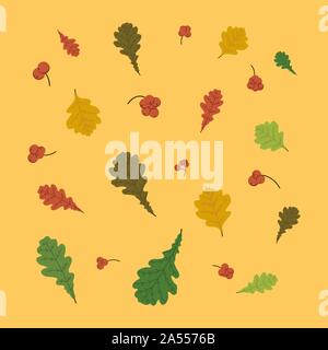 Orange background. Illustration. Autumn leaves set with oak. Berries of Rowan. Fall leaf design. Foliage forest leaf. Red, Green, brown and yellow fal Stock Vector
