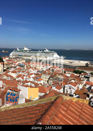 “Explorer of the seas” docked in Lisbon, is a Voyager-class cruise ship owned by Royal Caribbean International and was completed in 2000. Stock Photo