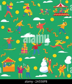 Winter seamless pattern with people for Christmas abstract flat style Stock Vector