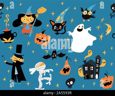 Vector seamless pattern for Halloween with funny cartoon characters. Stock Vector