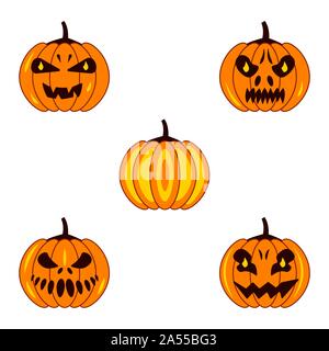 Autumn set of pumpkins with different facial expressions and luminous eyes. Halloween illustration. Harvest Stock Photo