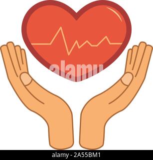 Heart in hands, theme of medicine, treatment and health care. Icon illustration. Flat graphic Stock Vector