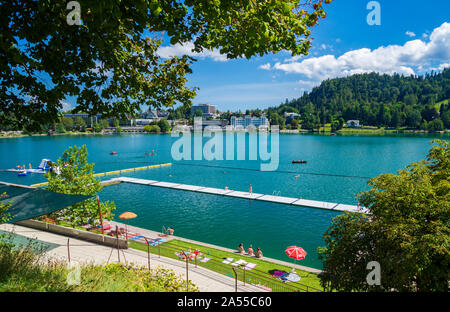 Lake Bled with Bathers in Upper Carniola, Slovenia Stock Photo