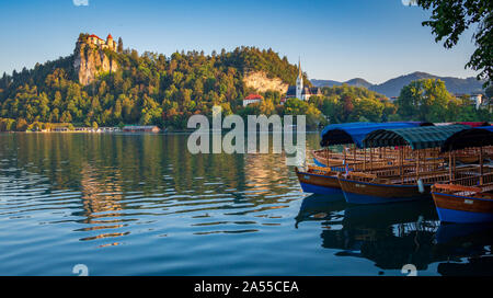 View of Bled Castle with traditional wooden pletna boats in foreground on Lake Bled with in Slovenia Stock Photo