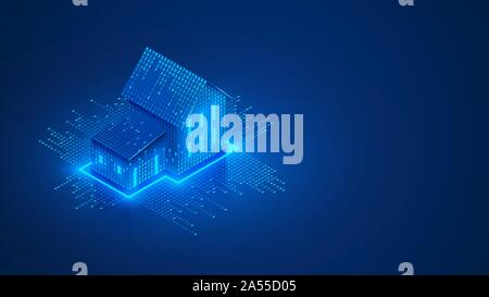 Smart home isometric concept. Private house consists digits code. Cyber Safety of internet of things of country house. Digital protection of smart Stock Vector