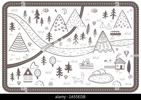 Cute Hand Drawn Scandinavian Vector Seamless pattern with houses, animals, trees, and mountains. Outline nature landscape. Perfect for kids road mats Stock Vector