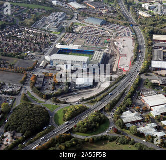 aerial view of the Leeds United Elland Road football ground and junction 2 of the M621 motorway, Leeds, UK Stock Photo