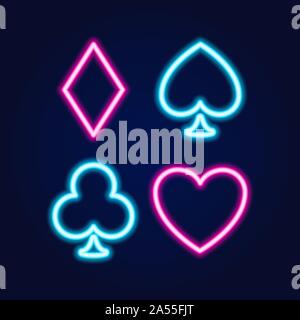 Neon lamp casino banner on blue background. Poker or blackjack card games sign. Las Vegas concept. Vector illustration. Stock Vector