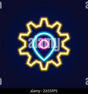Vector geolocation pin in gear neon icon. Elements of business. Simple logo for websites, web design, mobile app, info graphics. Stock Vector
