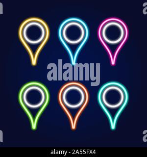 Vector set of realistic isolated neon sign of map pin for decoration and covering on the blue background. Concept of delivery, logistics and transport Stock Vector
