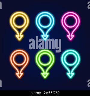 Vector set of realistic isolated neon sign with arrow of map pin for decoration and covering on the blue background. Concept of delivery, logistics an Stock Vector