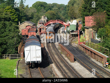 An Old British Railways Diesel Engine Pulling a Passenger Train Stopped at Goathland Station on the NYMR North Yorkshire England United Kingdom UK Stock Photo