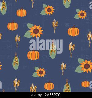 Fall Corn plant, crop and pumpkins on dark blue background seamless repeating vector pattern. Autumn harvesting. For Thanksgiving, wrapping paper Stock Vector
