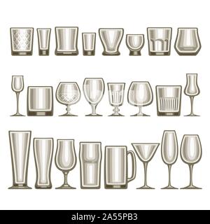 Vector set of different glassware, 24 empty glass cups various shape for alcohol drinks and cocktails, collection of grey shiny mock up icons for bar Stock Vector
