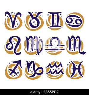 Vector set of Zodiac Signs, collection of 12 astrology calligraphic symbols with stars for predicting horoscope on white background, original hand dra Stock Vector