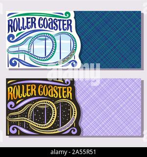 Vector banners for Roller Coaster with copy space, cartoon train go down in loop of twist rollercoaster in amusement park, original brush typeface for Stock Vector