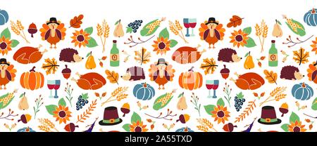 Thanksgiving seamless vector border. Autumn food roast turkey corn wine pumpkin family dinner greeting card repeating pattern design. Harvest festival Stock Vector