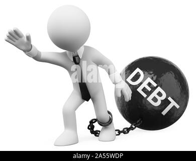 3d white people illustration. Businessman dragging his debts. Isolated white background. Stock Photo