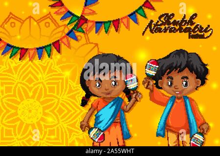 Navaratri poster design with children holding maracas illustration Stock Vector