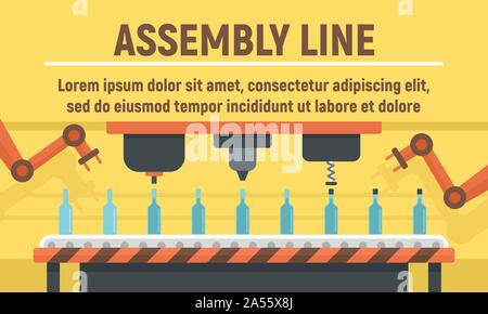 Bottle assembly line concept banner. Flat illustration of bottle assembly line vector concept banner for web design Stock Vector