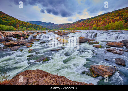 Sandstone Falls in West Virginia with fall colors. Stock Photo