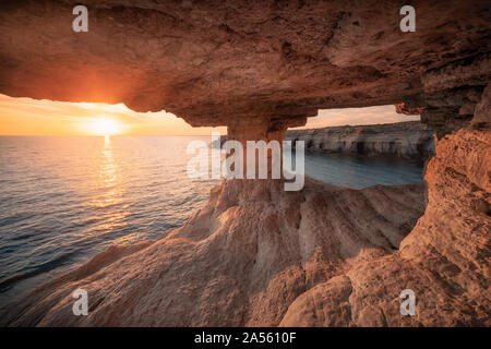 Sea caves in Cape Greko national park near Ayia Napa and Protaras on Cyprus island, Mediterranean Sea Stock Photo