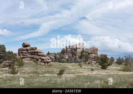 Vedauwoo Turtle Rock, a towering pile of weathered Sherman Granite that is the cornerstone of a 3.2-mile trail in the Medicine Bow-Routt National Forest between Laramie and Cheyenne on the Albany-Laramie county line in Wyoming Stock Photo