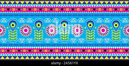 Pakistani or Indian truck art vector seamless long pattern, decorative floral ornament, blue and pink design with flowers, leaves and abstract shape Stock Vector