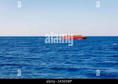 PETROVAC, MONTENEGRO - SEPTEMBER 14, 2019: Touristic boat on Mediterranean Sea excursion Stock Photo