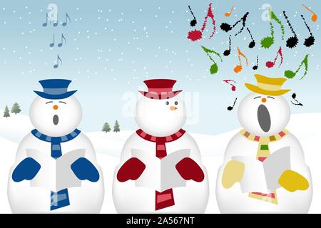 snowmen characters singing Christmas carols in the snow. EPS file available Stock Vector