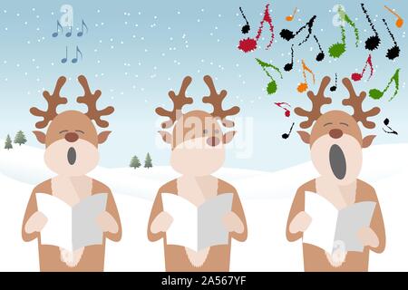 reindeer characters singing Christmas carols in the snow. EPS file available Stock Vector