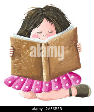 Acrylic illustration of a little girl in a pink dress sits and reads a book Stock Photo