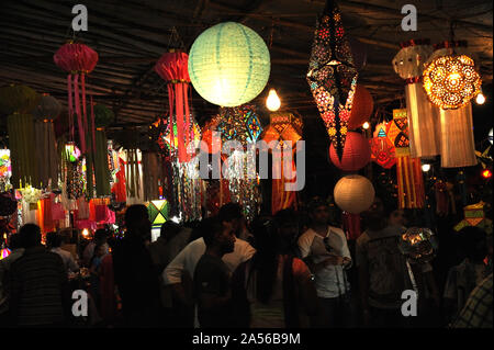 Colourful Modern Lanterns in Various Size & Shapes Akash kandil or Diwali decorative lamps Hang out side shop for sale; celebrating diwali Festival. Stock Photo