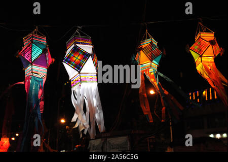 Colourful Modern Lanterns in Various Size & Shapes Akash kandil or Diwali decorative lamps Hang out side shop for sale; celebrating diwali Festival. Stock Photo