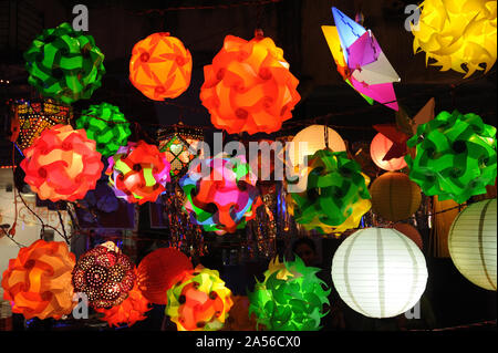 Colourful Modern Lanterns in Various Size & Shapes Akash kandil or Diwali decorative lamps Hang out side shop for sale; celebrating diwali Festival. Stock Photo