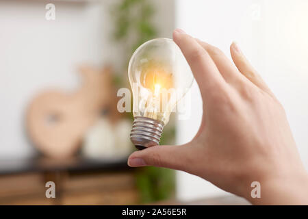 Lit up electric bulb in hand Stock Photo