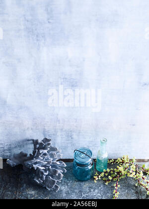 Still life arrangement of coral, jug and branch Stock Photo