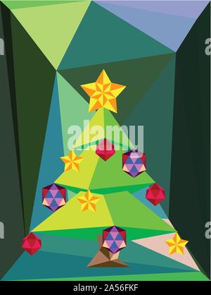 Decorated low poly green Christmas tree, holiday illustration in polygonal design. Stock Vector