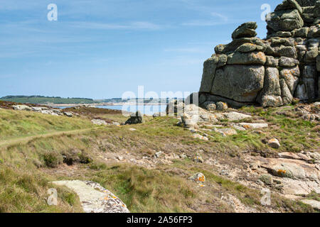 The view looking north towards St Mary's from Cuckold's Carn, Gugh, Isles of Scilly Stock Photo