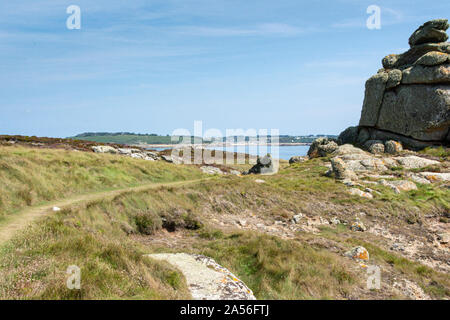 The view looking north towards St Mary's from Cuckold's Carn, Gugh, Isles of Scilly Stock Photo