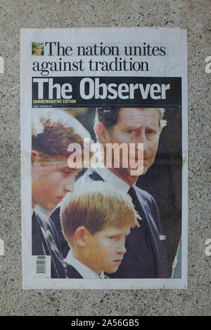 Observer newspaper on 7th September, 1997, the day after Princess Diana's funeral. NOTE: If used, the photo must be shown as part of the newspaper. Stock Photo