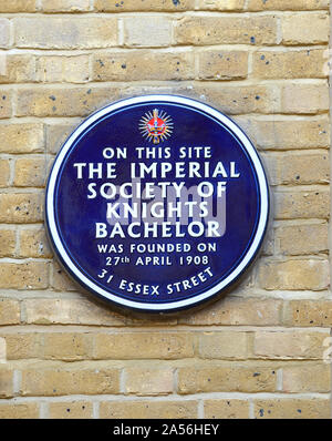 London, England, UK. Commemorative Blue Plaque: 31 Essex Street 'On this site The Imperial Society of Knights Bachelor was founded on 27th April 1908' Stock Photo